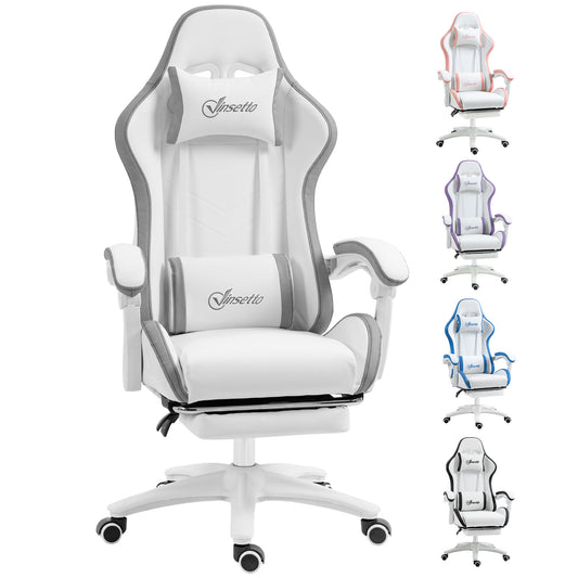 Vinsetto Computer Gaming Chair, PU Leather Desk Chair with Footrest, Swivel Task Chair with 135√Ç¬∞ Reclining Back and Lumbar Support, PC Chair for Adults, White and Grey