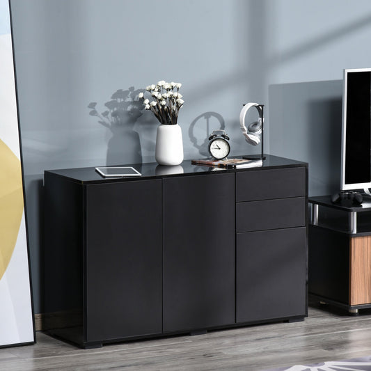 HOMCOM High Gloss Side Cabinet, Push-Open Design with 2 Drawers and 2 Cabinets for Living Room, 74H x 117W x 36Dcm, Black