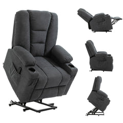 HOMCOM Oversized Riser and Recliner Chairs for the Elderly, Fabric Upholstered Lift Chair for Living Room with Remote Control, Side Pockets, Cup Holder, Charcoal Grey