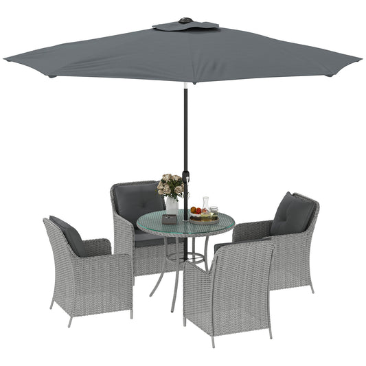 Outsunny 4 Seater Rattan Dining Set with Parasol & Cushions - Light Grey