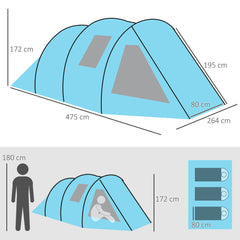 Outsunny 3-4 Man Tunnel Tent, Two Room Camping Tent with Windows and Covers, Portable Carry Bag, for Fishing, Hiking, Sports, Festival - Blue