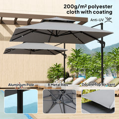 Outsunny 3 x 3(m) Cantilever Parasol with Aluminium Frame, Crank and Tilt, 360√Ç¬∞ Rotation, Double Top Garden Umbrella with Base and Cover, Light Grey