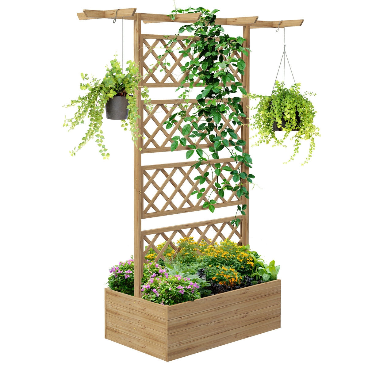 Outsunny Wooden Trellis Planter Box, Raised Garden Bed to Grow Vegetables, Herbs and Flowers, Natural Tone