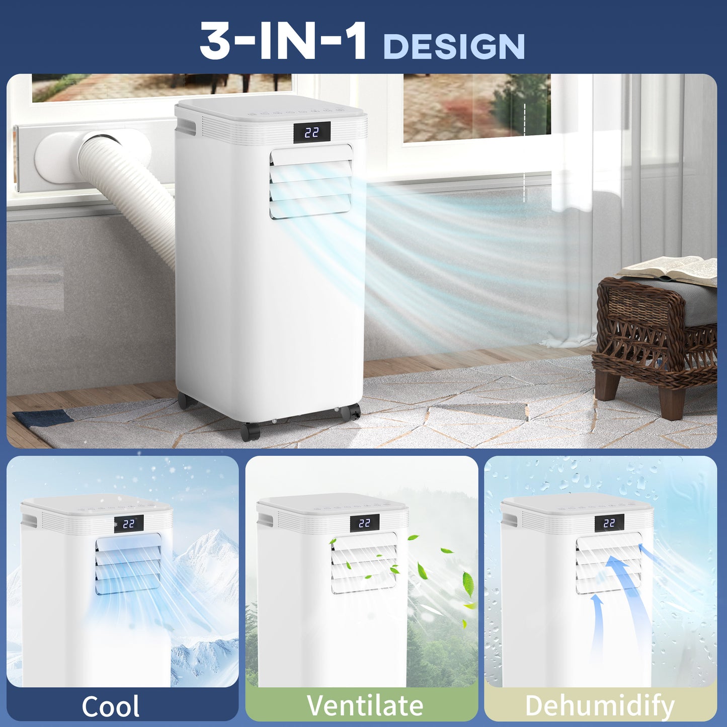 HOMCOM 8000 BTU Air Conditioning Unit, 3-in-1 Portable Air Conditioner, Dehumidifier, Cooling Fan with Remote Control, Digital Display, 2 Speeds, 24H Timer, Window Venting Kit, 18m√Ç¬≤