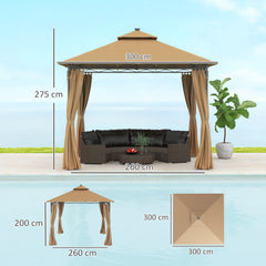 Outsunny 3 x 3 m Solar LED Metal Gazebo - Brown