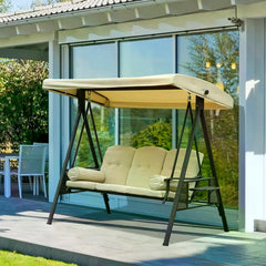 Outsunny Swing Chair Hammock Chair 3 Seater Canopy Cushion Shelter Outdoor Bench Steel Beige