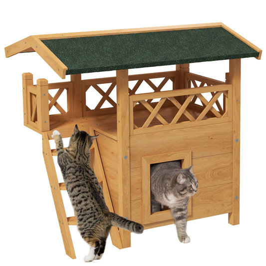 PawHut Cat House Outdoor w/ Balcony Stairs Roof, 77 x 50 x 73 cm, Natural Wood Finish