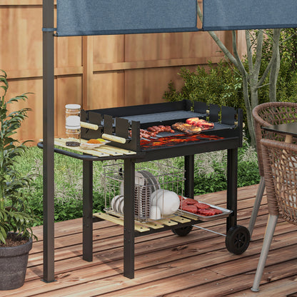 Outsunny Charcoal√Ç BBQ√Ç Grill, Barbecue√Ç Trolley with Double Adjustable Grill, Side Table, Storage Shelf and Wheels for Outdoor Garden Party Cooking, Black