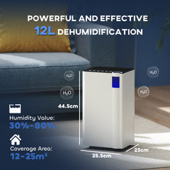 HOMCOM 12L/Day Dehumidifier with Continuous Drainage, 2L Water Tank, 24H Timer, Digital Humidity Display, Filter, Auto Defrost, Children Lock, for Bedroom, Dehumidifier for Home Damp, Laundry Drying