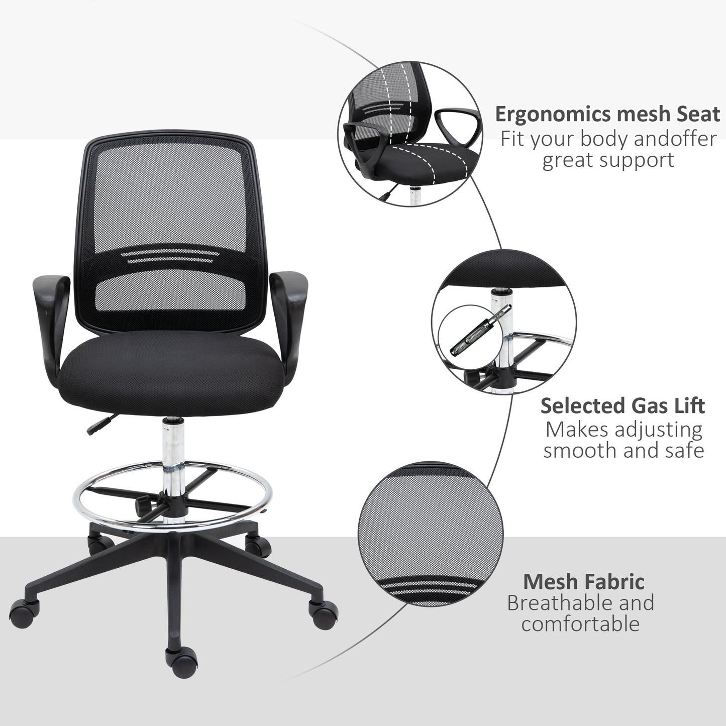 Vinsetto Ergonomic Mesh Back Draughtsman Chair, Tall Standing Desk Chair with Adjustable Height and Footrest 360√Ç¬∞ Swivel, Black
