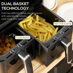 HOMCOM 8L Dual Basket Air Fryer, 8-in-1 Air Fryer Oven with Digital Display, Visible, Timer, Preheat for Oil Free Low Fat Cooking, 2500W, Sync Finish, Sliver