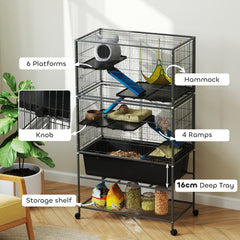 PawHut 5 Levels Rolling Small Animal Cage with Non Slip Ramps, Slide Out 16cm Deep Tray, 88 x 48 x 150.5cm, Dark Grey