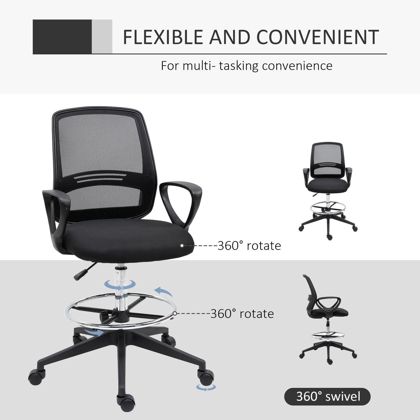 Vinsetto Ergonomic Mesh Back Draughtsman Chair, Tall Standing Desk Chair with Adjustable Height and Footrest 360√Ç¬∞ Swivel, Black