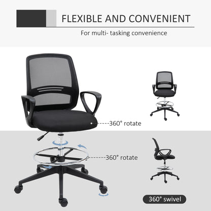 Vinsetto Ergonomic Mesh Back Draughtsman Chair, Tall Standing Desk Chair with Adjustable Height and Footrest 360√Ç¬∞ Swivel, Black