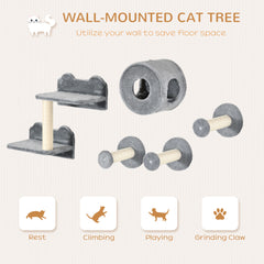 PawHut 5PCs Cat Wall Furniture with Perch, Cat House, Scratching Post