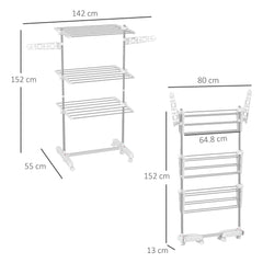 HOMCOM 3-Tier Clothes Airer, Stainless Steel Foldable Clothes Drying Rack with Wheels and Wings, Indoor and Outdoor, Easy Assembly, 142 x 55 x 152cm, White