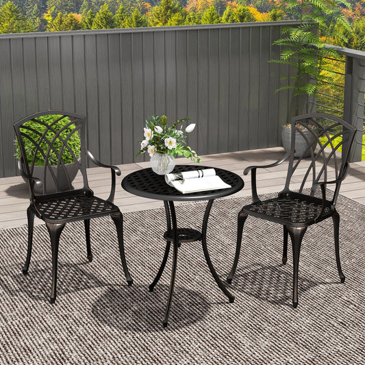 Outsunny 3 Pieces Garden Dining Set for 2, Cast Aluminium Outdoor Dining Set with 2 Armchairs and Round Dining Table with Parasol Hole, Garden Furniture Set, Bronze Tone