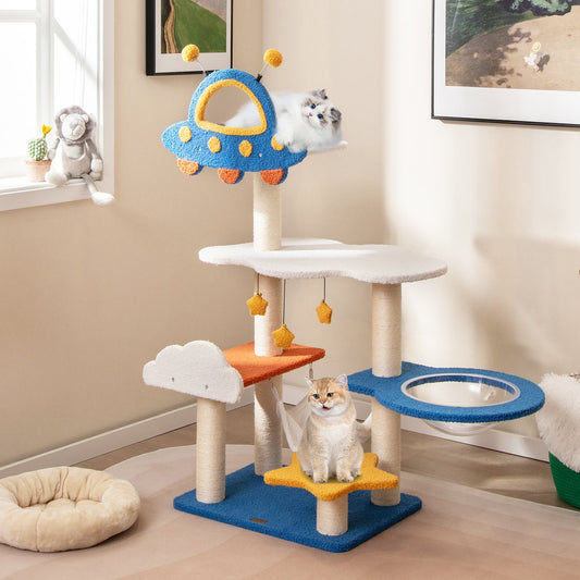 124cm Tall Cat Tree with UFO Top Perch and Space Capsule-Blue