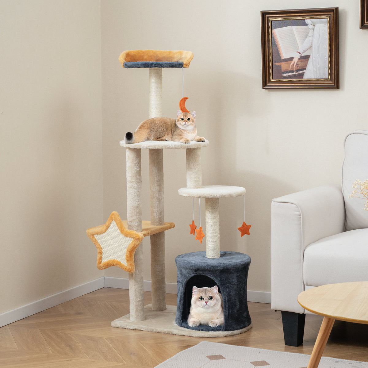 128 cm Tall Cat Tree with Sisl Scratching Posts and Dangling Toys