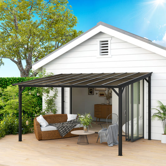 Outsunny 3 x 4.3m Metal Pergola with UPF 50+ and Waterproof Polycarbonate Roof, Wall-Mounted or Free Standing Garden Gazebo, Wind-resistant Outdoor Sun Shade, Dark Grey