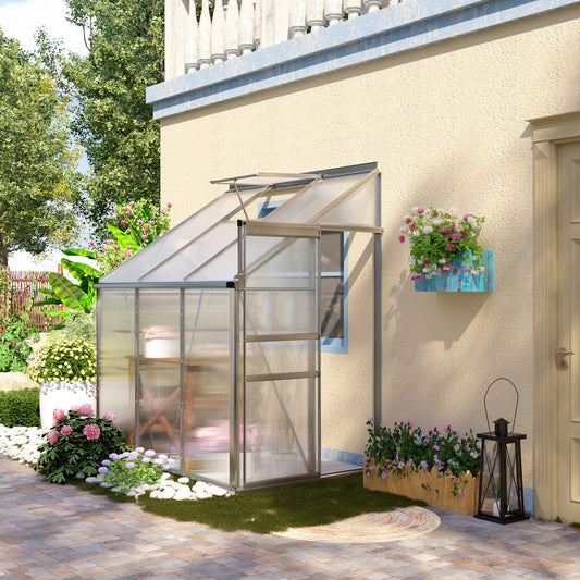 Outsunny 6 x 4ft Lean to Wall Polycarbonate Greenhouse Aluminium Walk-in Garden Greenhouse with Adjustable Roof Vent, Rain Gutter and Sliding Door, Clear