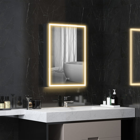 HOMCOM Bathroom Mirror Cabinet with LED Lights and Shaver Socket, 500 x 700 mm Wall Mounted Bathroom Cabinet with Mirror, Demister Pad, Dimmer, 3 Colours, Medicine Cabinet, Black