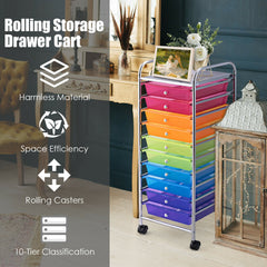 10 Drawers Mobile Storage Trolley with 4 Wheels for Beauty-Multicolor