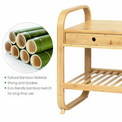 Bamboo Open Shoe Storage Bench with Padded Seat Cushion and 2 Drawers-Natural