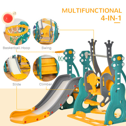 HOMCOM 3-IN-1 Kids Swing and Slide Set with Basketball Hoop Slide Swing Adjustable Seat Height Toddler Playground Activity Center Indoor and Outdoor Play Equipment