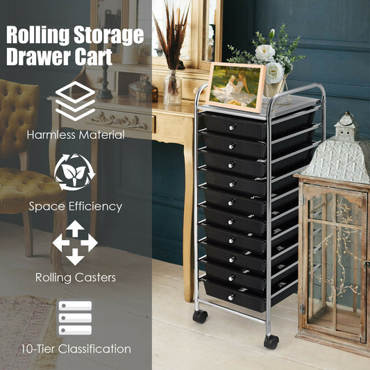 10 Drawers Mobile Storage Trolley with 4 Wheels for Beauty-Black