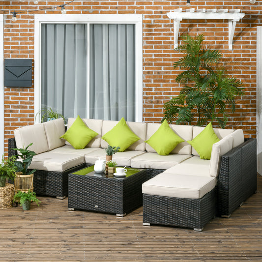 Outsunny 7-Seater PE Rattan Corner Sofa Set, Garden Furniture Set, Patio Wicker Sofa Seater w/ Cushion, Washable Cushion Cover & Tempered Glass Table, Brown