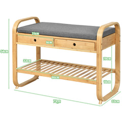 Bamboo Open Shoe Storage Bench with Padded Seat Cushion and 2 Drawers-Natural