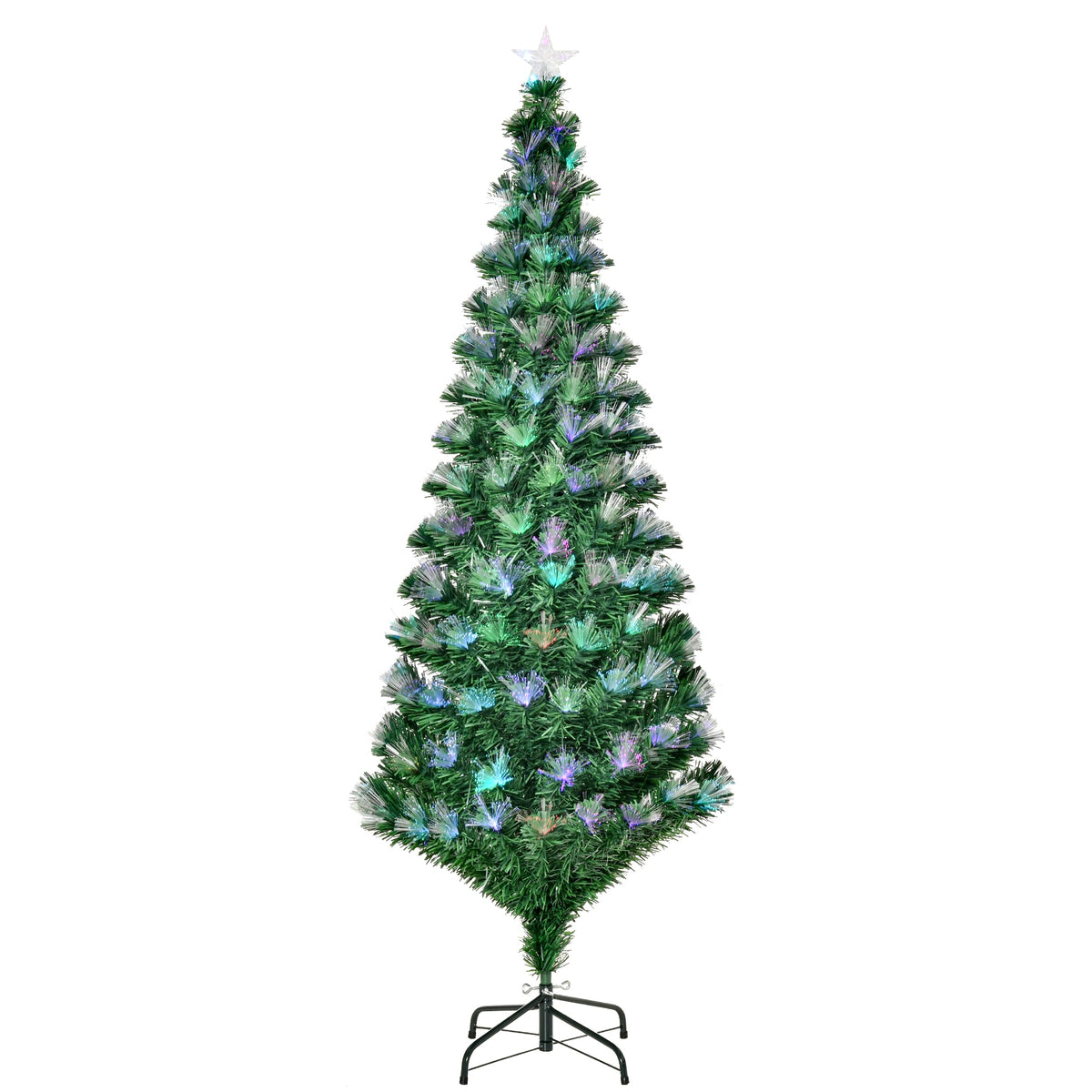 HOMCOM 6FT Multicoloured Artificial Christmas Tree w/ Fibre Optic Lights Pre-Lit Modes Metal Stand Star Holder Home Seasonal Decoration