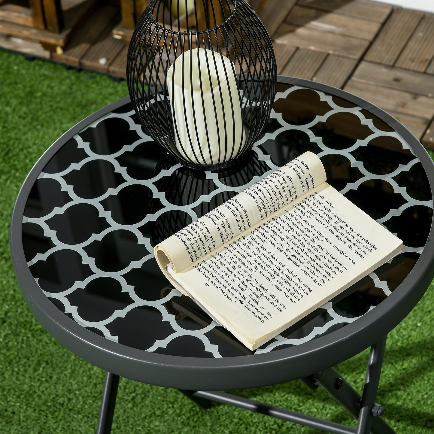Outsunny â45cm Garden Side Table, Outdoor Round Folding Patio Table with Imitation Marble Glass Top, Small Coffee Table, Black and White