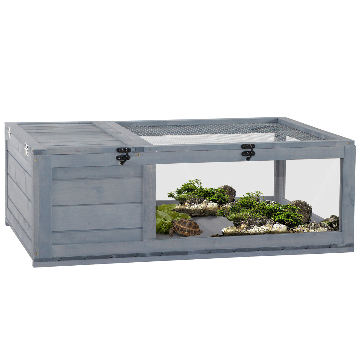 PawHut Tortoise House, Small Reptile Wooden House, with Mesh Roofs, Side Panels, for Turtles, Lizards, Geckos and Snakes