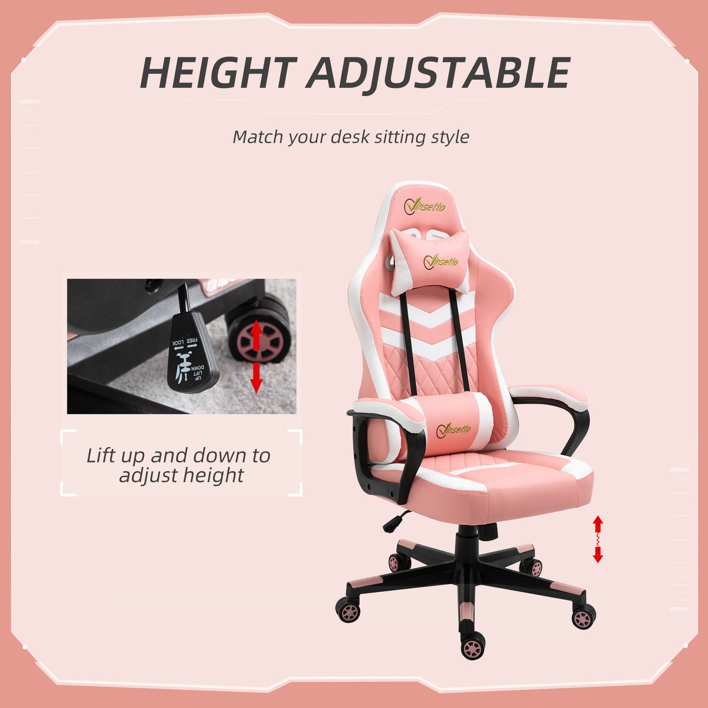 Vinsetto Gaming Chair, Computer Desk Chair with Lumbar Support, Faux Leather Racing Chair with Headrest and Swivel Wheels for Home Office, Pink