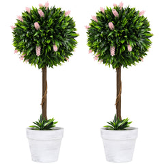 HOMCOM Set of 2 Decorative Artificial Plants Ball Trees with Flower for Home Indoor Outdoor Decor, 60cm ,Pink