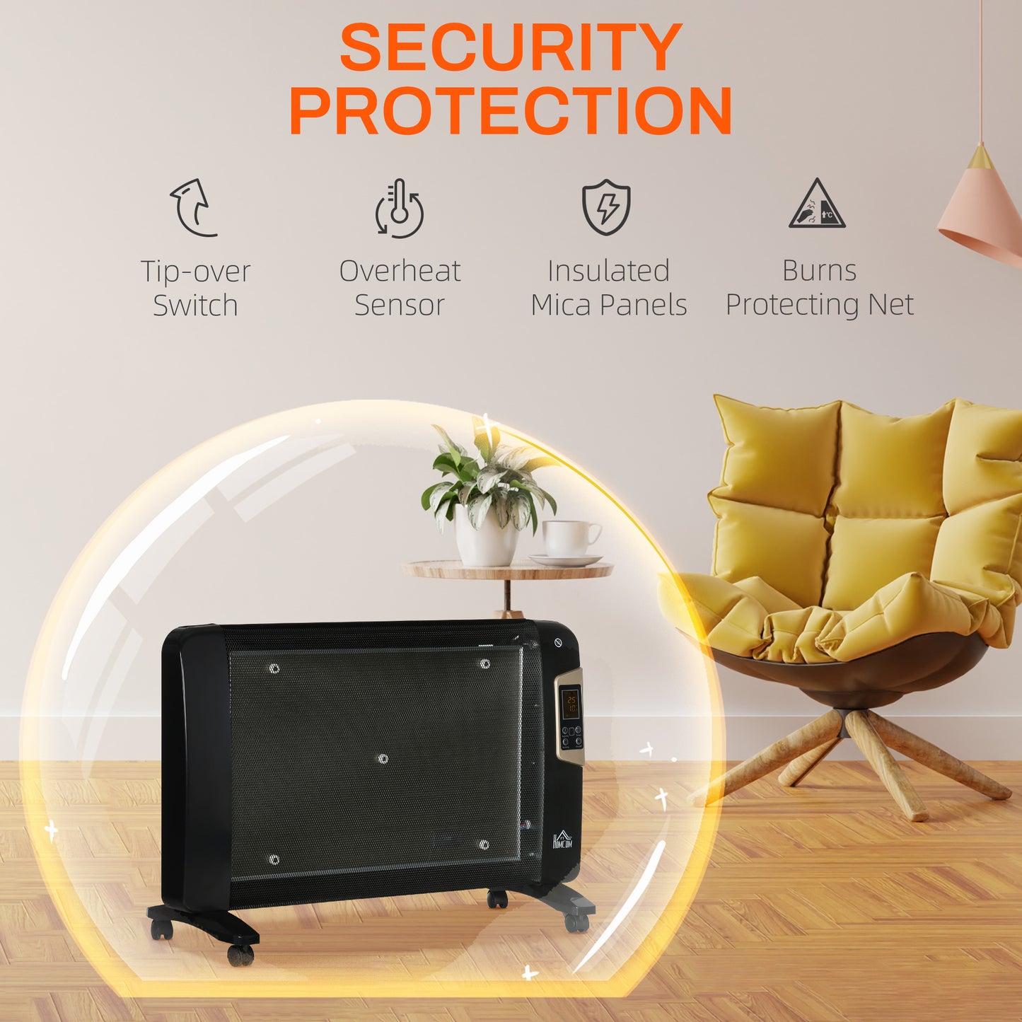 HOMCOM Mica Electric Space Heater, Portable Heater for Home with 2 Heat Settings, Living Room, Study, Garage, Adjustable Temperature 18-30√Ç¬∞C, 1000W/2000W, Black