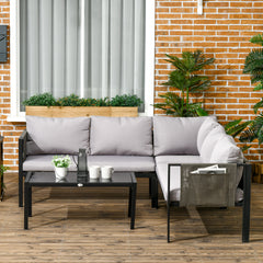 Outsunny 4 Piece Metal Garden Furniture Set with Tempered Glass Coffee Table, Breathable Mesh Pocket, Outdoor Conversational Corner Sofa Loveseat with Padded Cushions, Light Grey