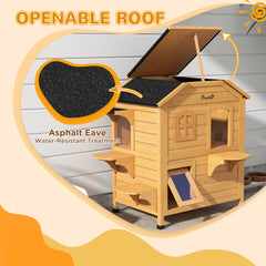 PawHut√Ç 2-story Cat House Outdoor, Weatherproof√Ç Wooden Cat Enclosure for Feral Cats with Escape Door, Openable Roof, Jumping Platforms, Natural Wood Finish