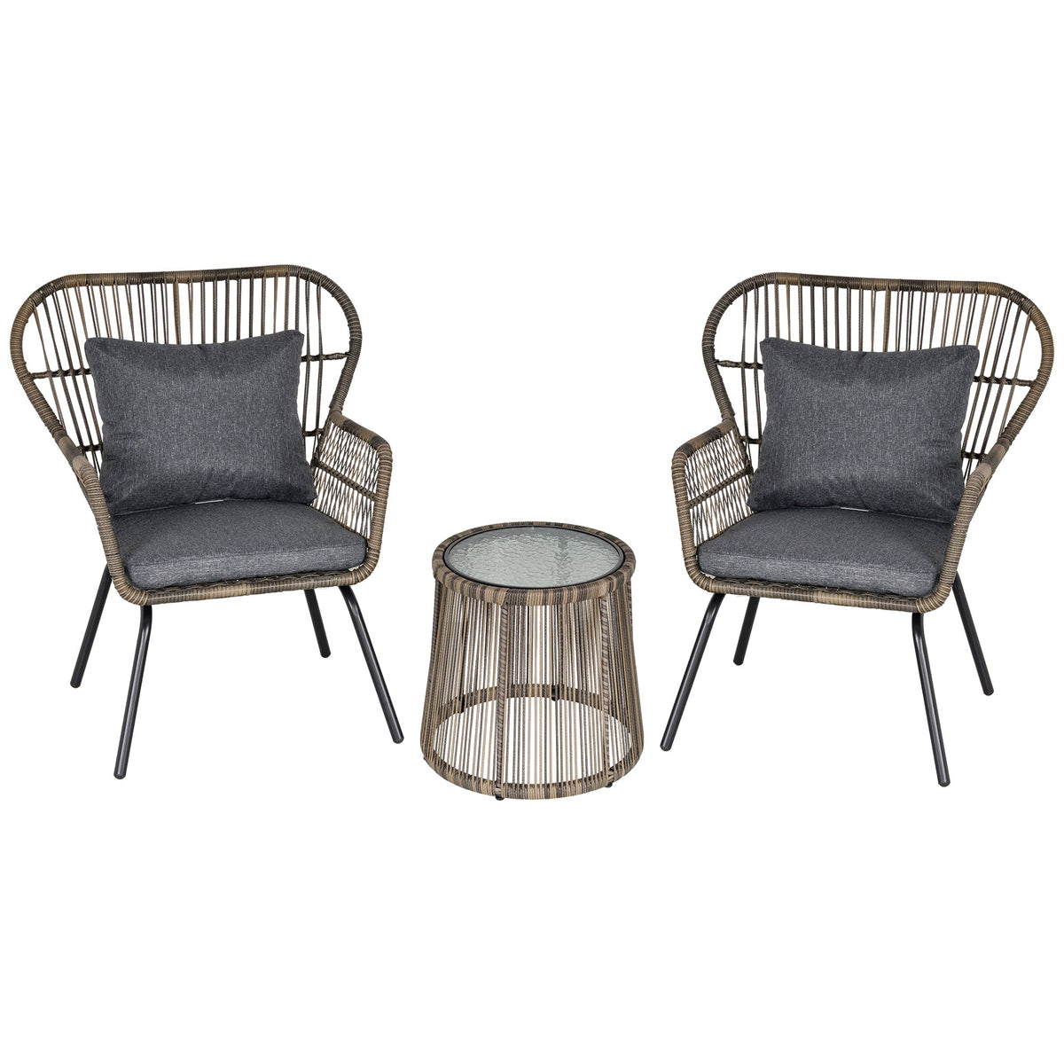 Outsunny 3 Pieces Rattan Bistro Set, Wicker Garden Furniture Set with Cushions, Glass Top Coffee Table and Chairs for Outdoor, Patio, Balcony, Grey