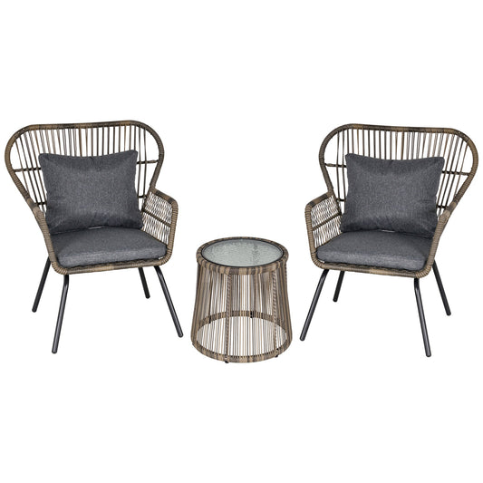 Outsunny 3 Pieces Rattan Bistro Set, Wicker Garden Furniture Set with Cushions, Glass Top Coffee Table and Chairs for Outdoor, Patio, Balcony, Grey