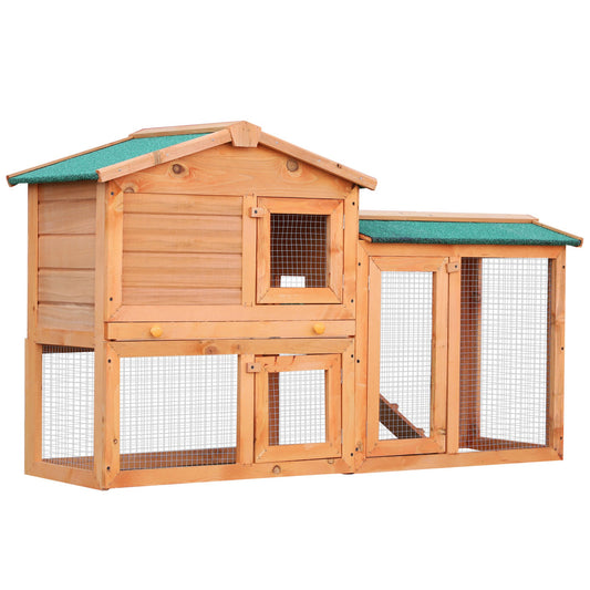 PawHut Rabbit 2 Tier Fir Wood Small Animal Hutch Guinea Pigs Hutches w/ Ramp Brown