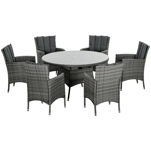 Outsunny Seven-Piece Rattan Dining Table, with Round Glass-Top Table