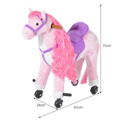 HOMCOM Plush Walking Horse Ride On Toy with Wheels and Realistic Sounds Rocking Horse for Girls Boys 3+ Years Old, 50cm Tall, Pink