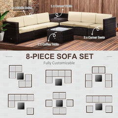 Outsunny 6-Seater Rattan Sofa Furniture Set W/Cushions, Steel Frame-Brown