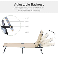كرسي استرخاء خارجي قابل للطي من Outsunny، مسند ظهر قابل للتعديل بأربعة مستويات مع وسادة وفتحة للقراءة، لون بيج