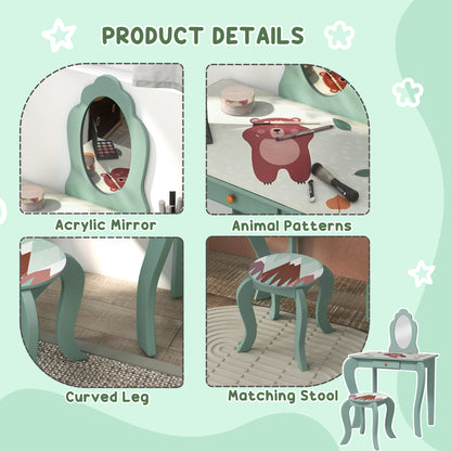 ZONEKIZ Kids Dressing Table with Mirror, Stool, Drawer, Cute Animal Design, Green