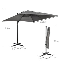 Outsunny 2.7 x 2.7 m Cantilever Parasol, Square Overhanging Umbrella with Cross Base, Crank Handle, Tilt, 360√Ç¬∞ Rotation and Aluminium Frame, Dark Grey