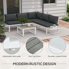 Outsunny 4 Pieces Patio Garden Set with 5-Level Recline Corner Sofa, Outdoor Garden Lounge Sectional Conversation Sofa Set with Cushions, Wood Grain Plastic Table, White Frame Grey Cushion